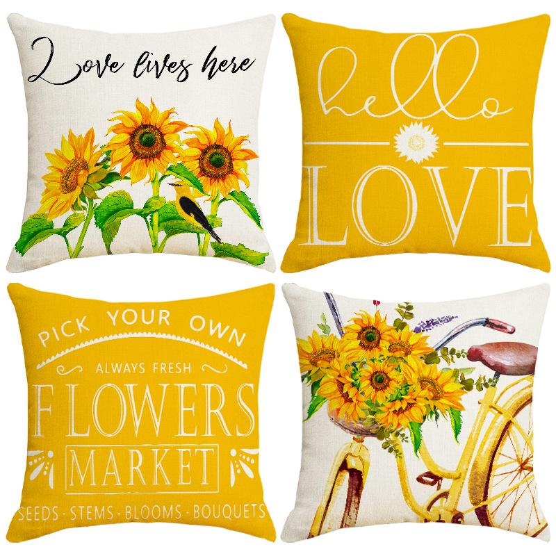 Simple and Versatile Linen Pillow Case Sunflower Spring Atmosphere Decoration Pillow Head Combination Pillow Sofa Pillow