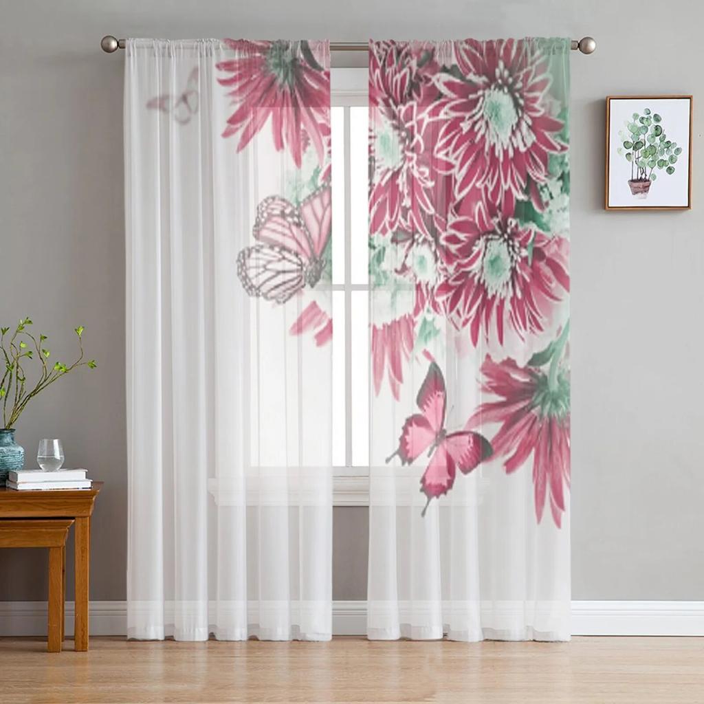 Tropical Orchids Floral And Butterfly Tulle Curtains For Living Room Decoration Modern Veil Chiffon Curtains Bedroom Sheer Voile