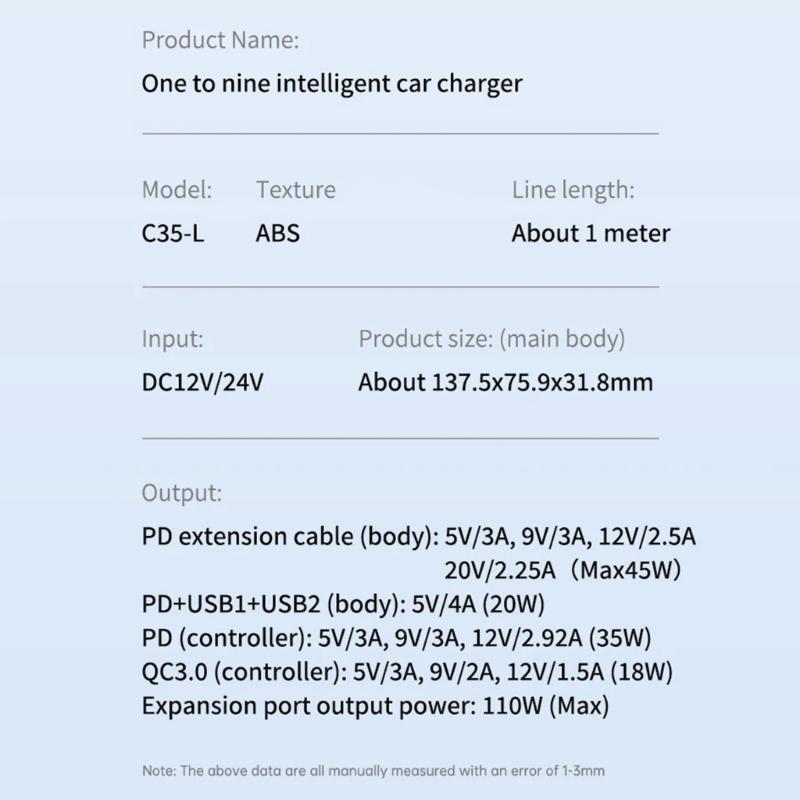 Car Chargers Splitter for Simultaneous Charging 228W Output QC3.0 PD45W with Telescoping USB C Cable LED Battery Monitor