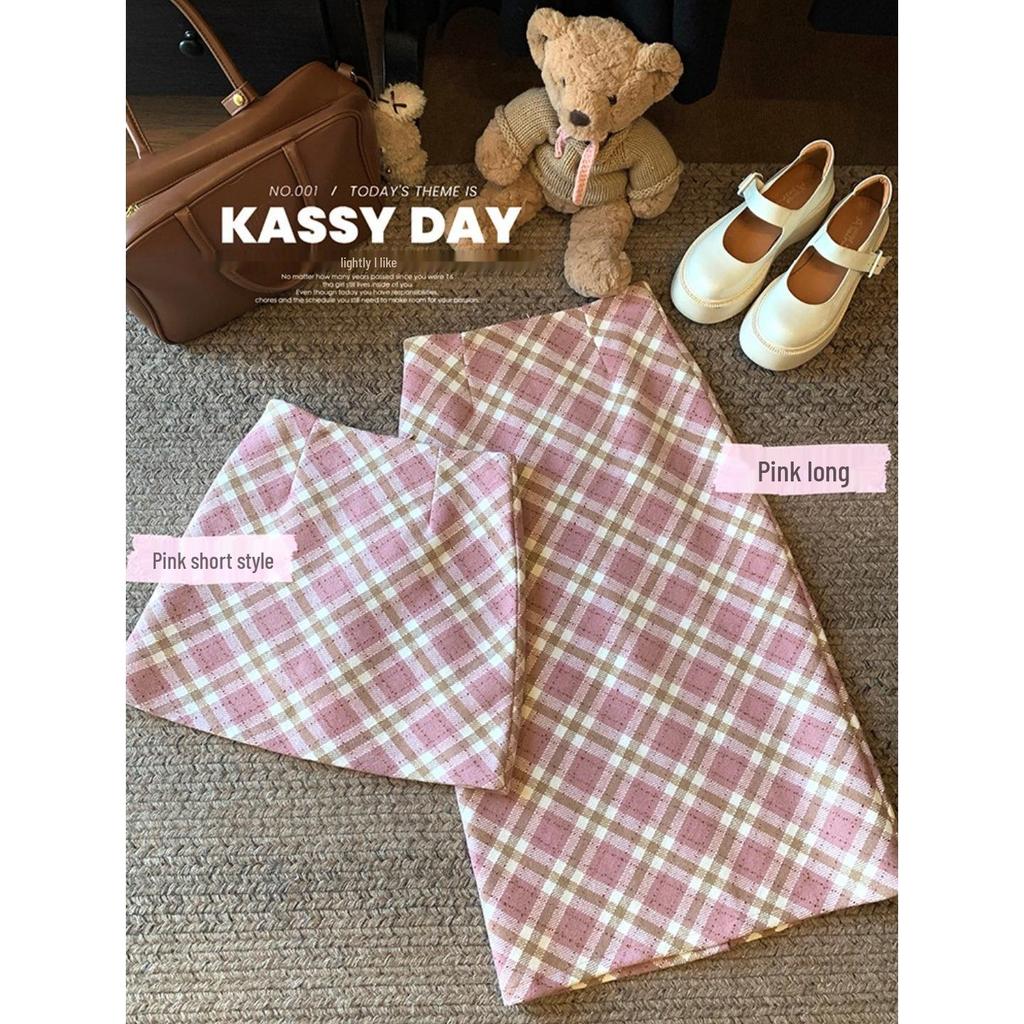 Academy Style Pink Plaid A-line Wool Skirt - Hip-Hugging for Spring & Autumn