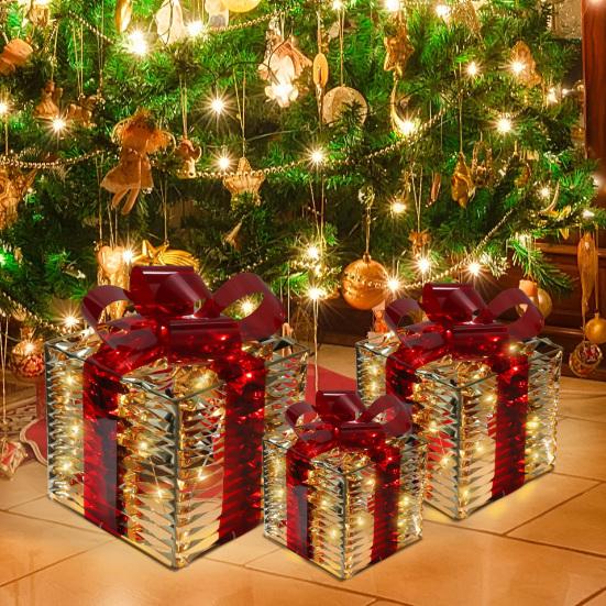 3 Pcs Christmas Lighted Gift Boxes Pre Lit Present Boxes with Bow And LED Light for Indoor Home Party Lawn Decor