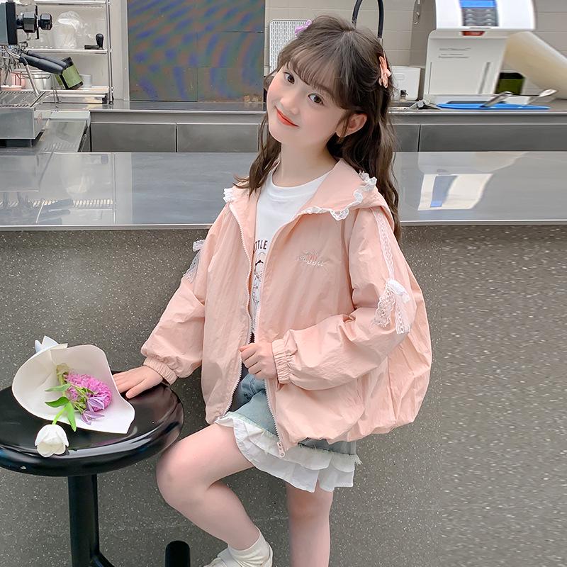 Girls Stylish Lightweight Lace Hooded Jacket - Sun Protection for Medium & Large Children Summer Casual Top 2026 130