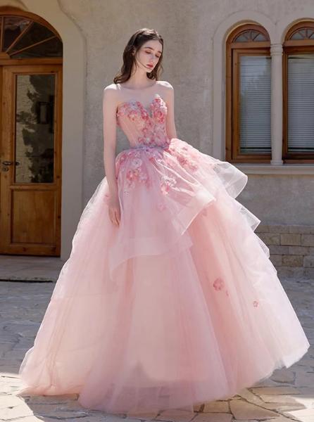 2026 Latest Designs Modern Floral Pink Wedding Dress A-Line Floor-Length Bustier with Light Chapel Evening Gown Dress