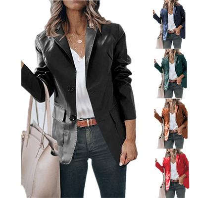 Women's Slim Lapel Single Breasted Pockets Solid Color Jacket Leather Long Sleeve Jacket