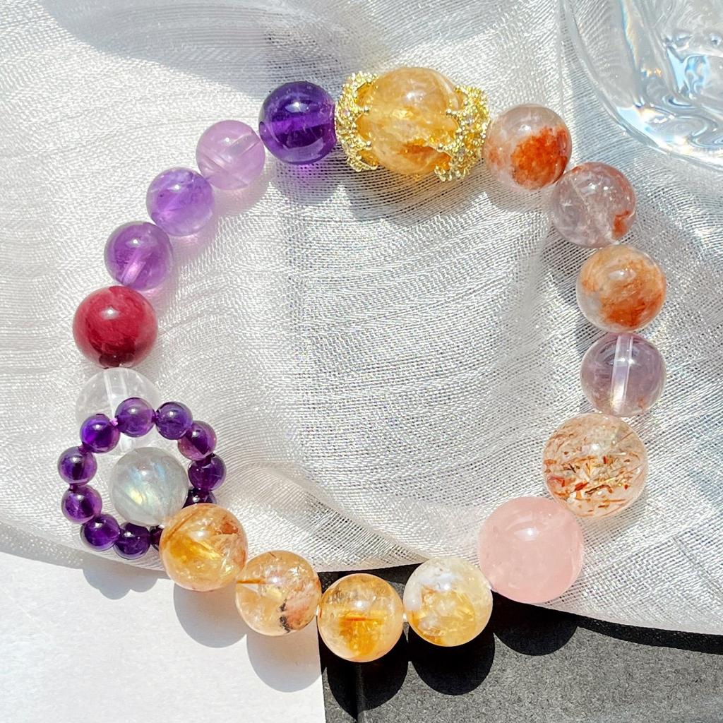 Natural Purple Ghost Powder Amethyst Gray Moonstone Black Gold Super Seven Citrine Design Bracelet Bracelet