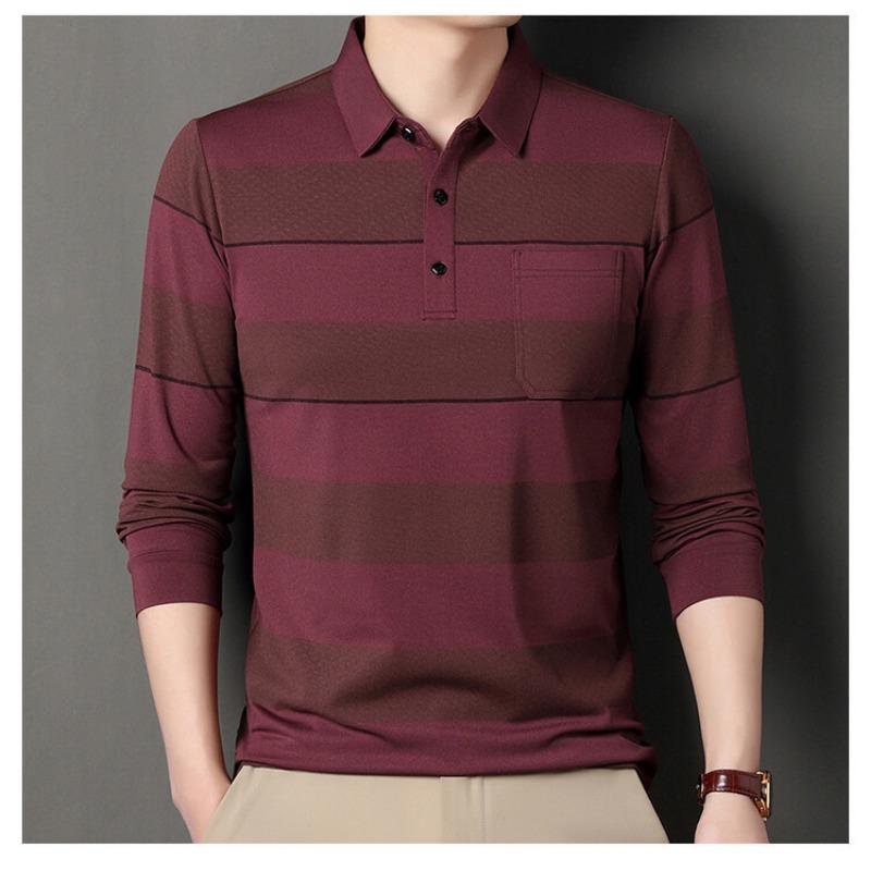 Men S Wide Striped Long Sleeve Turn Down Collar Polo Shirt
