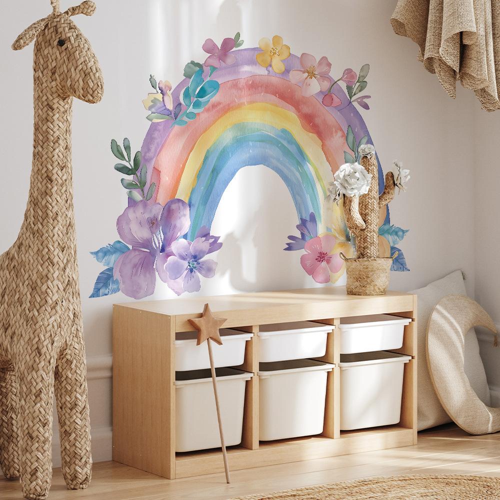 Fun-L056 Watercolor Rainbow Flower Leaves Children's Bedroom Home Background Wall Beautification Wall Sticker