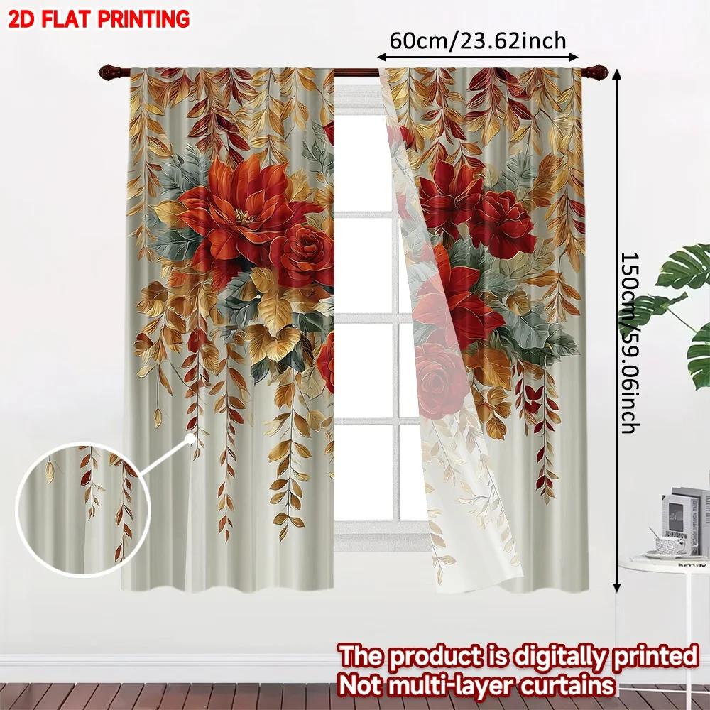 2pcs Red Yellow Floral Curtains  Digital Printing   Bright Blossom with Green Leaves Pattern Modern Window Decor for Living Room