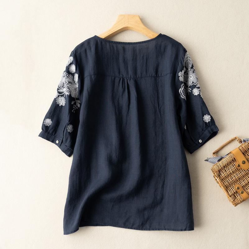 Cotton Linen T shirt Women Summer Embroidery Loose Short Sleeves Floral O Neck