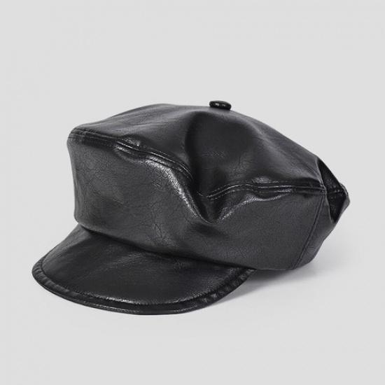 1x Women Faux Leather Captain Sailor Hat Newsboy PU Cabbie Baker Boy Fiddler Cap