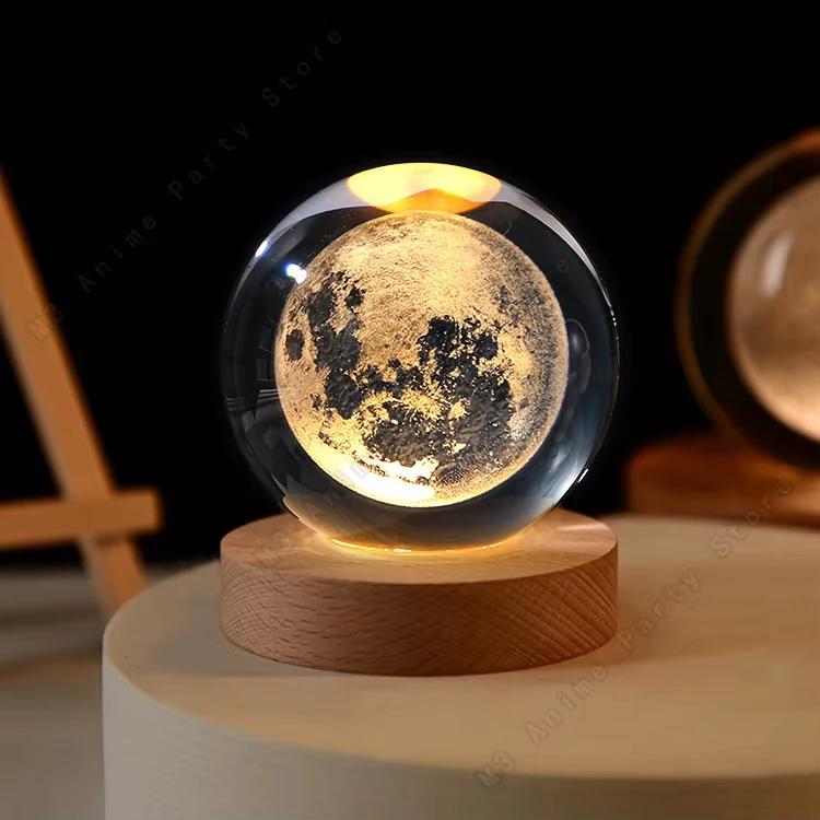 6cm Galaxy Solar System 3D Crystal Ball LED Night Light USB Charging Moon Planet Glowing Lamp for Bedroom Gift Home Decoration