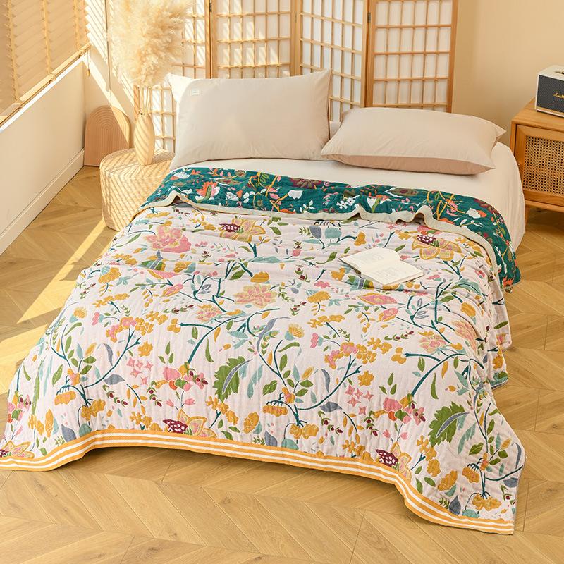 100% Cotton Blanket, Fresh Floral Bed Sheet, Four-Ply Gauze Sheet, Reversible