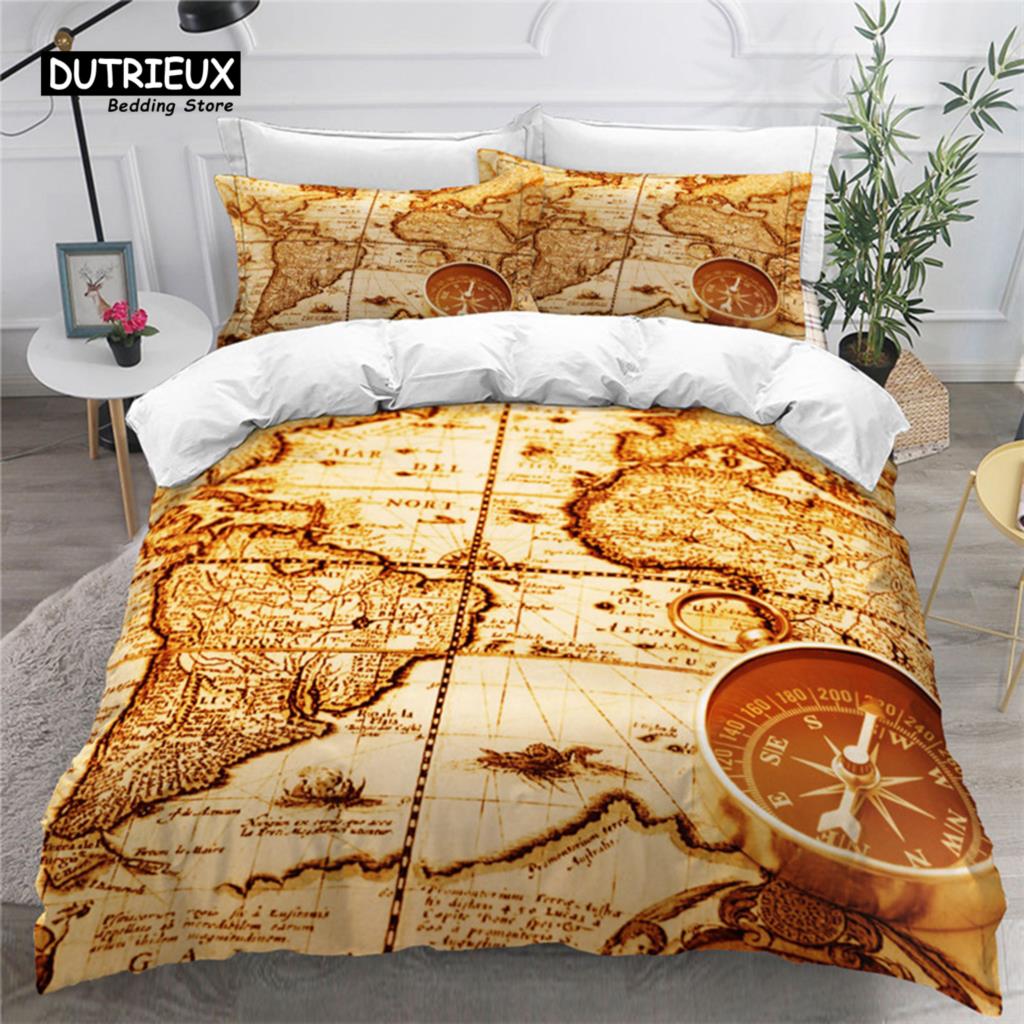 Compass Duvet Cover Vintage World Map Bedding Set Nautical Compass On Background Old Map Comforter Cover For Kids Adults Decor