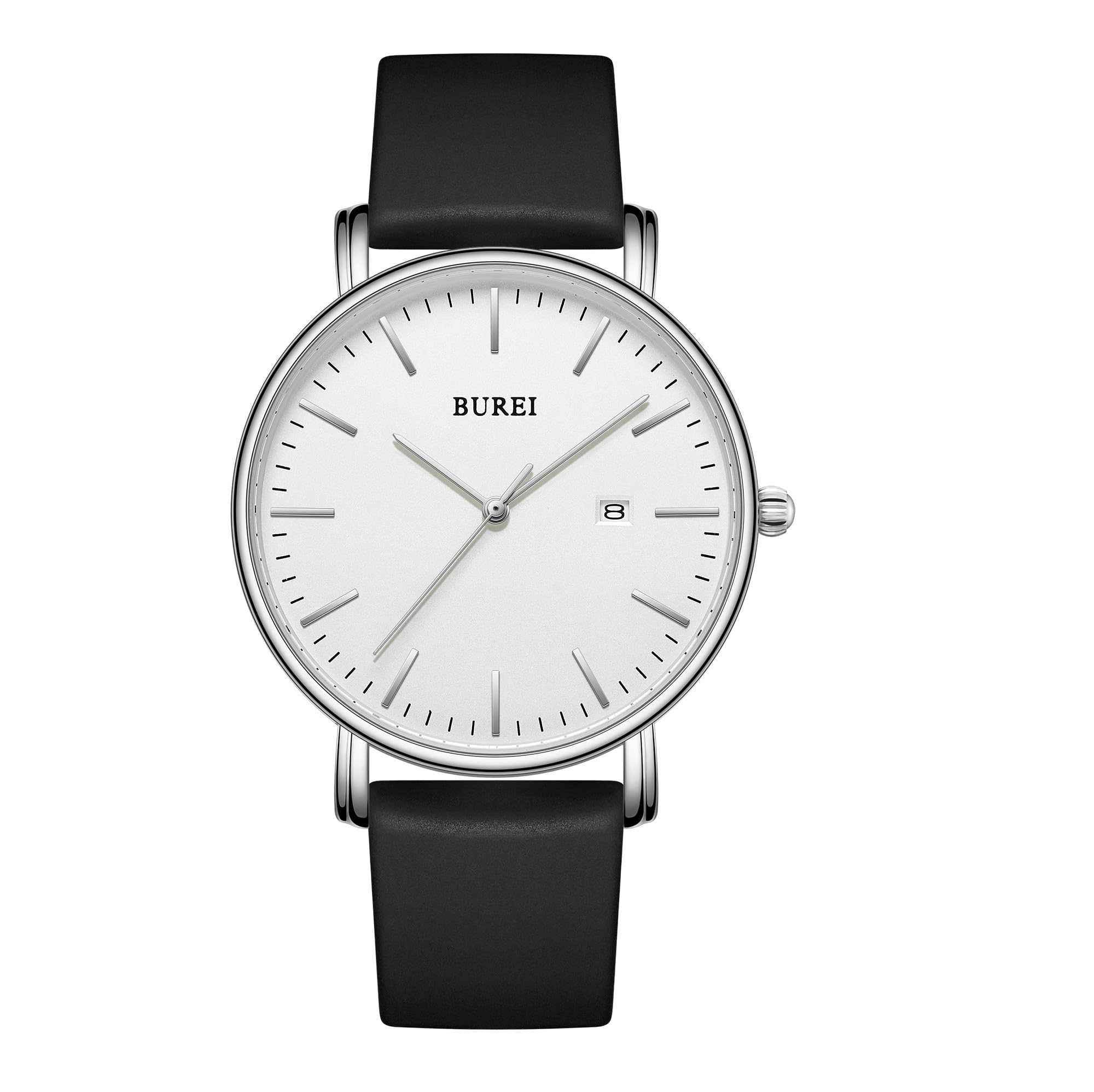 BUREI Men s Classic Analog Quartz Watch Date Ultra-thin Stainless Steel Mesh Band White Silver Black Strap