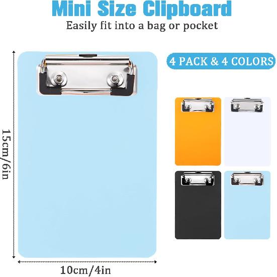 4 Pack Plastic Mini Clipboard 4 X 6 Inch,Small Clipboards with Clip,Small Clipboard Clip Boards,Orange Blue White and Black Clip Board,Plastic
