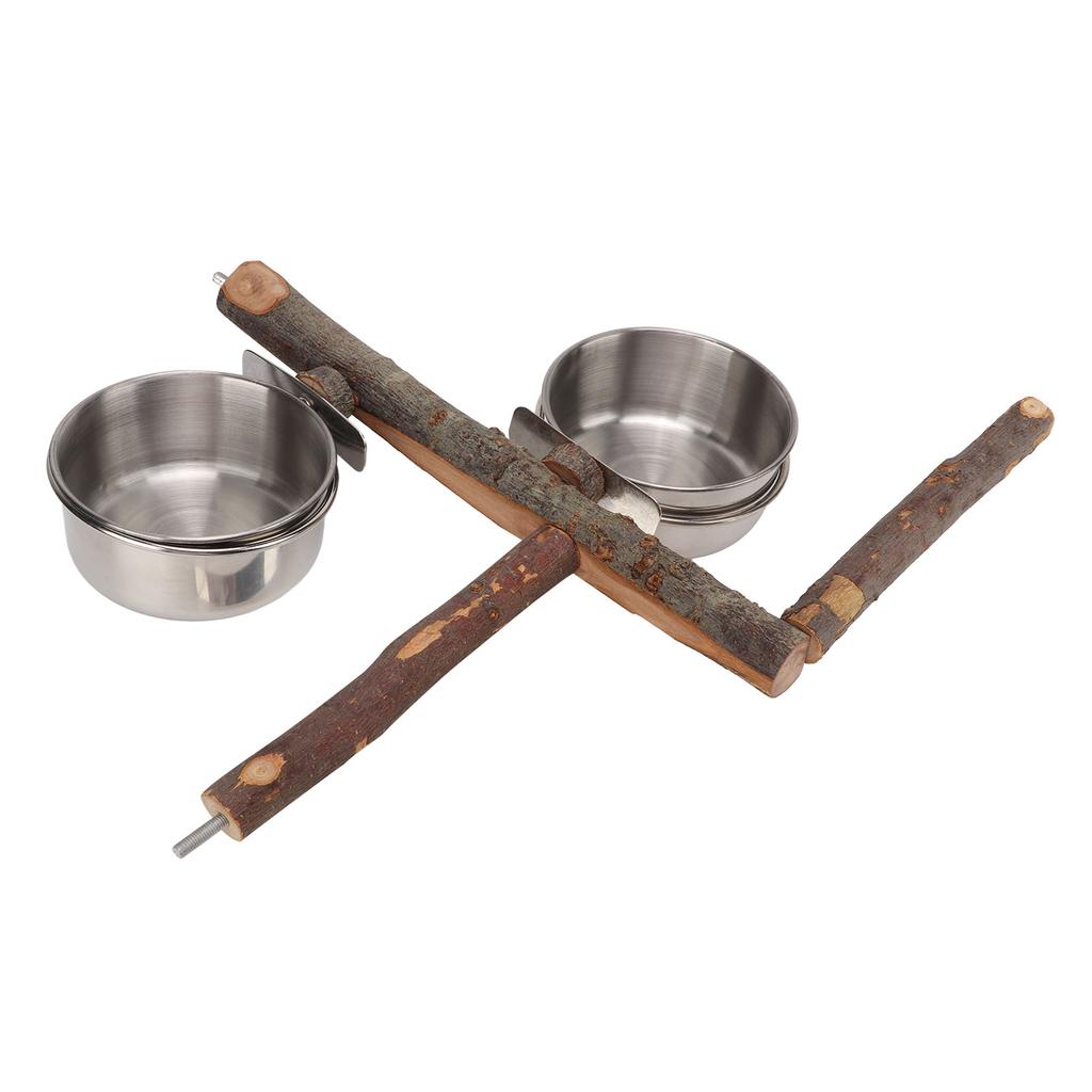 Papageien-Holzständer mit Futternapf aus Edelstahl, Futterspender, Ständer, Kombination, Vogelkäfig-Futterspender