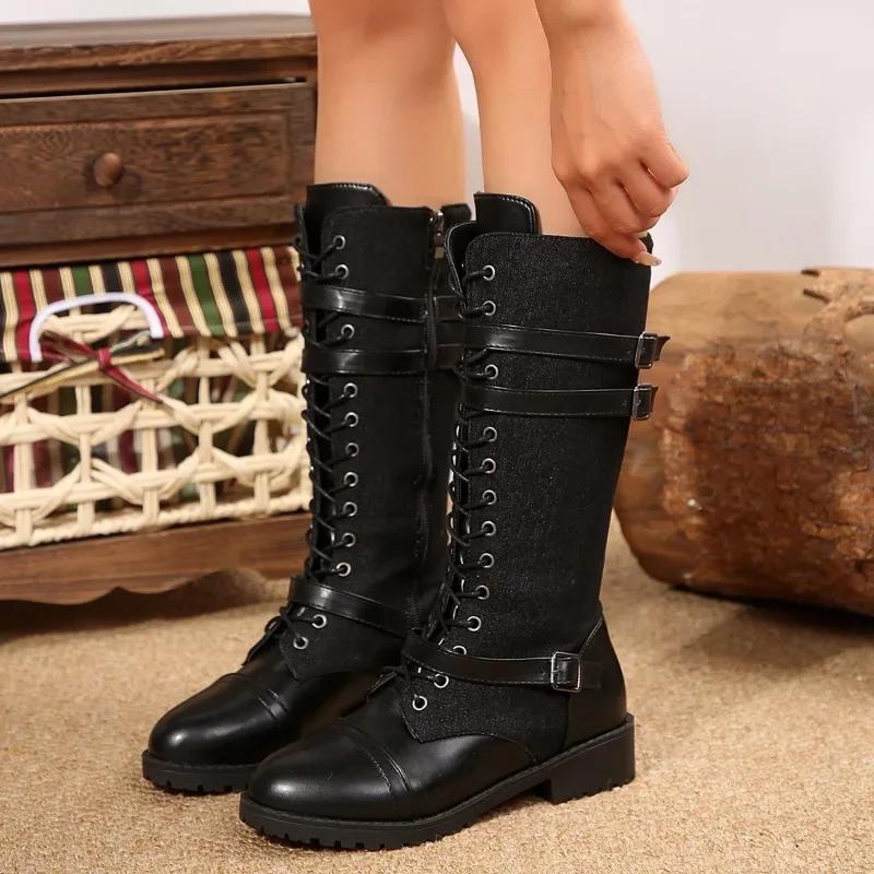 Fashion 2025 Lace-up Women's Winter Boots New Belt Buckle Cowboy Knee High Boots Women Denim Leather Goth Shoes Punk Zip Boots for Women