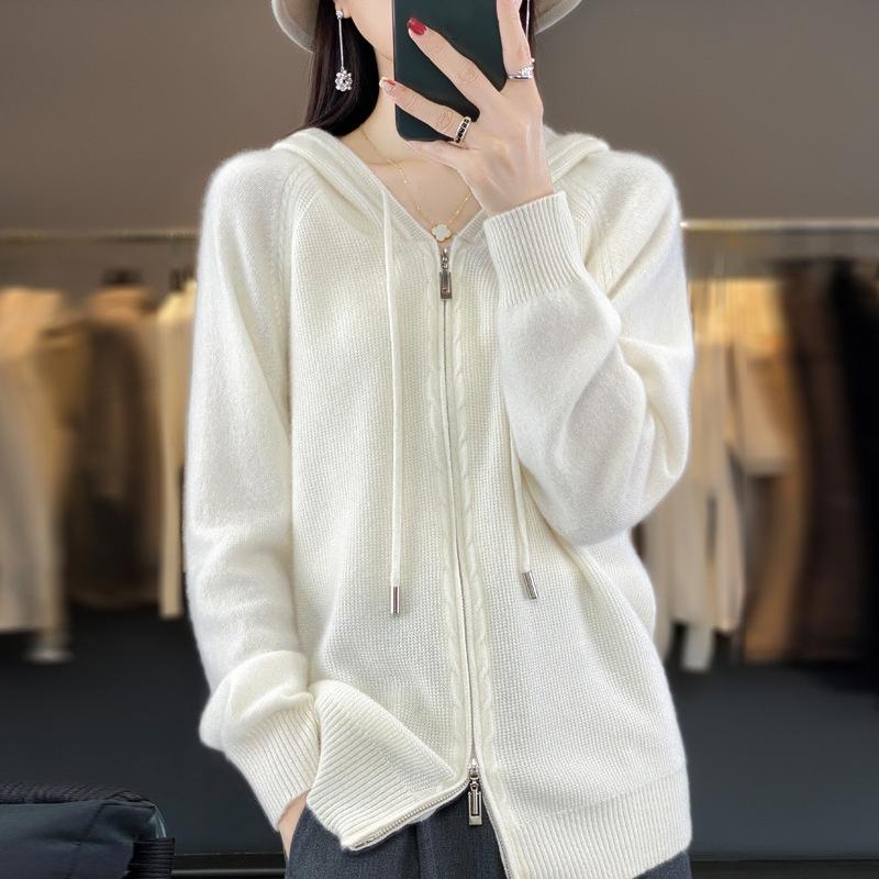 Dámské kardigany Svetr s kapucí na dvojitý zip Jednobarevné Volné Ležérní Kardigany Dlouhý rukáv Hřejivé Podzim Zima Pletené svetry