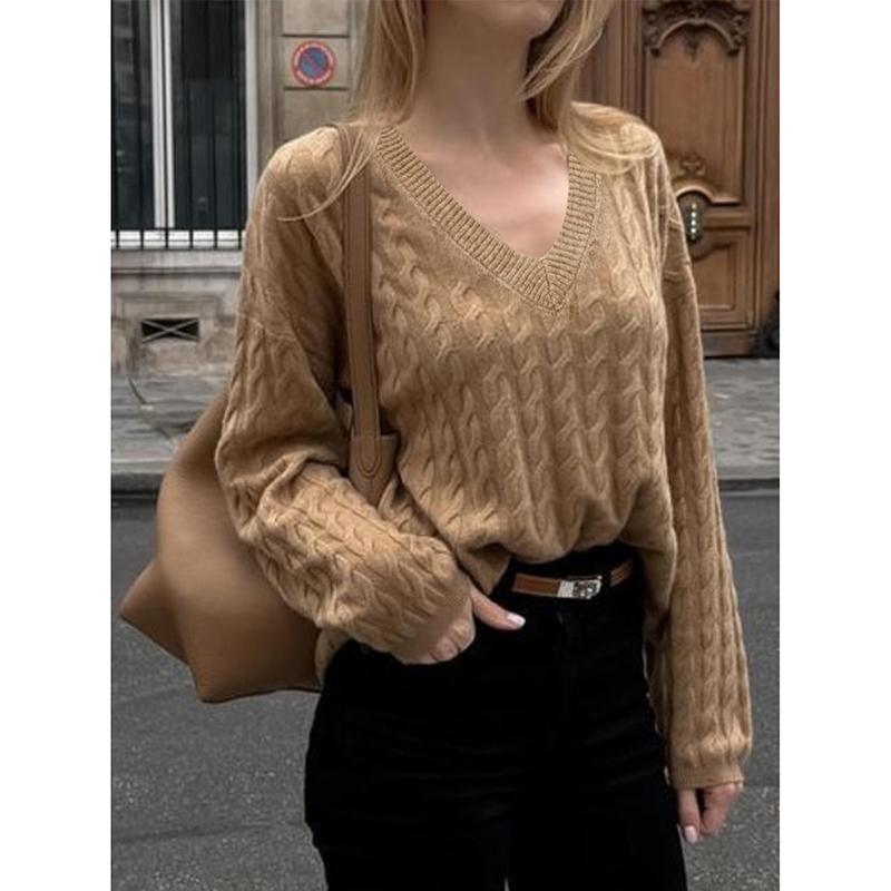 Autumn and Winter V-Neck Casual Loose Women's Knitted Sweater with Lazy Style Jacquard Long Sleeved Knitted Sweater