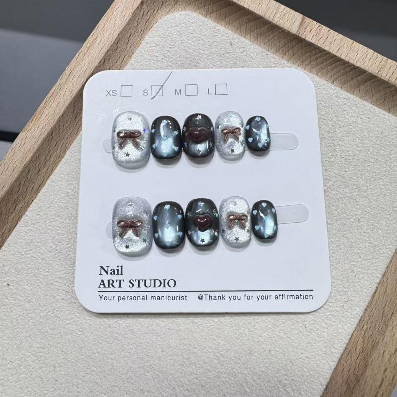 Handmade Press-On Nails Short Style Cat Eye Flower Design Women Trendy Wearable Nail Tips Extra Small