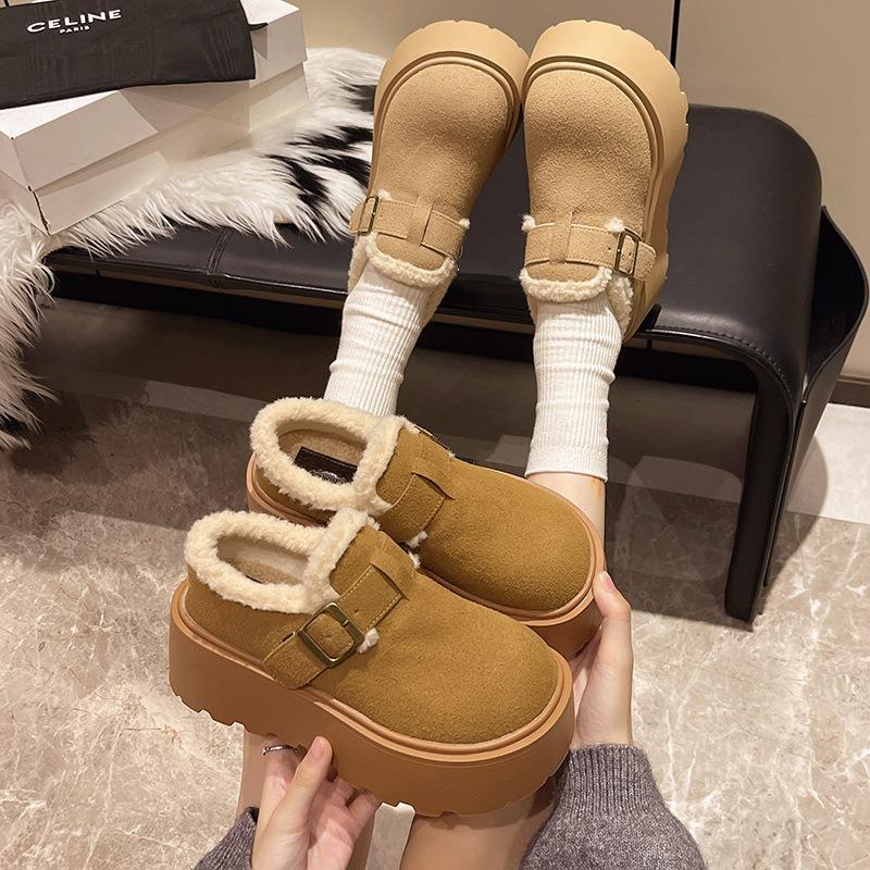 Retro Lazy One-pedal Women's Winter New Hair Bean Shoes Keep Warm, Thick Soles Increase Height and Velvet Cotton