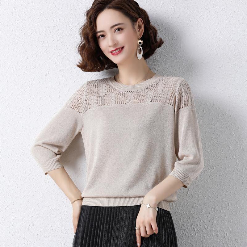 

Футболка женская, из полого ледяного шелка, трикотаж, с рукавами три четверти, летний тонкий свободный женский топ для матери среднего возраста S бежевый