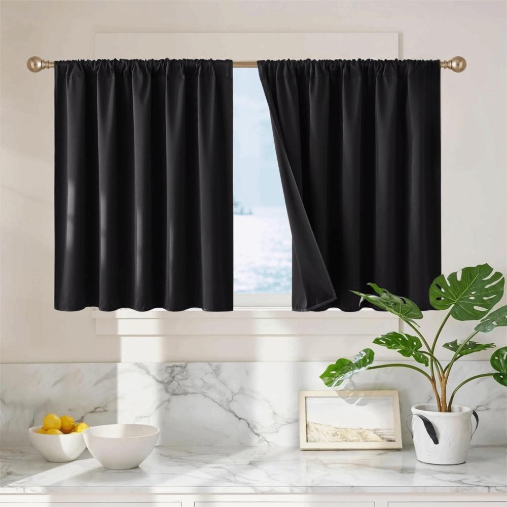 2PCS Solid Color Kitchen Short Curtain Through-rod Design Cabinet Curtain Fireplace