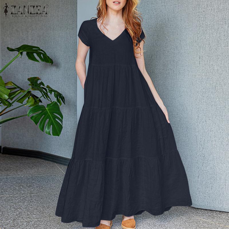 ZANZEA Women Daily Casual Loose V-neck Short Sleeve Long Dress