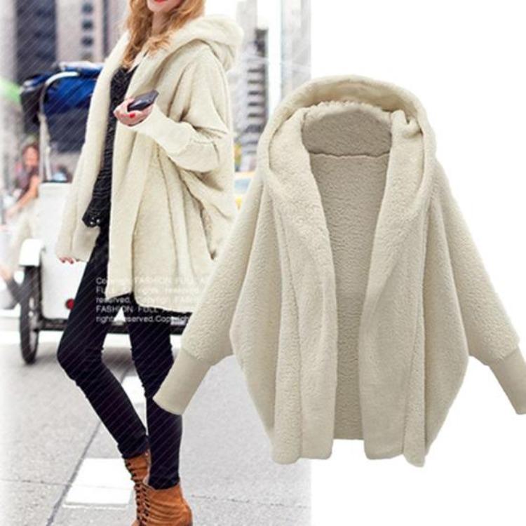 

Women Warm Winter Coat Hooded Thick Long Sleeves Cardigan Soft Elastic Cuff Batwing Sleeves Office Lady Jacket Pure Color Keep Warm Cozy M білий