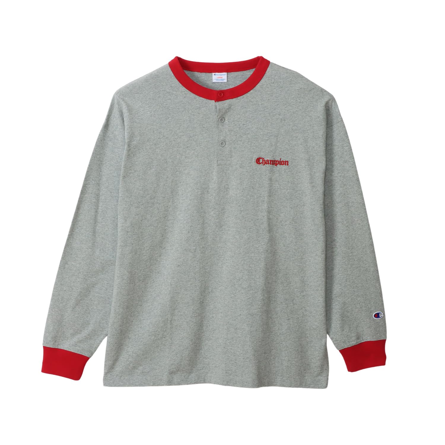 

Champion Long Sleeve Relax Script Henley Oxford Men s T-Shirt, 100% Cotton, Fit, Logo, Neck, Gray, C3-B405