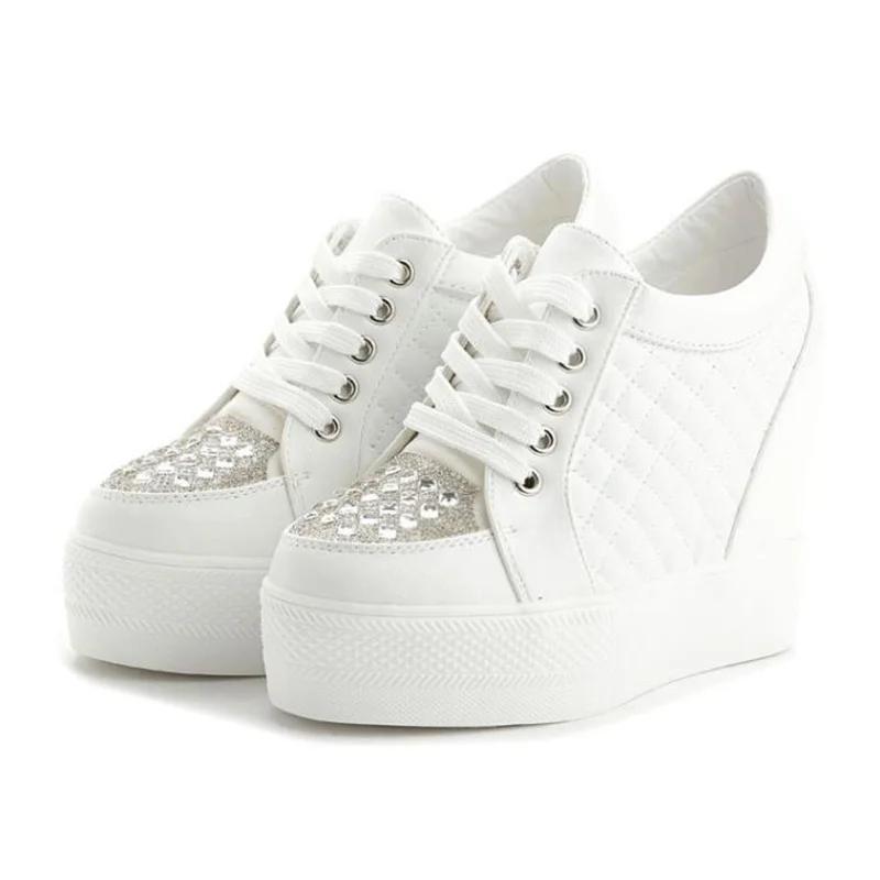 Fashion Women Sneakers Wedding Rhinestone Casual Platform Trainers White Mesh Shoes 11CM Heels Breathable Woman Height Increasing Shoes