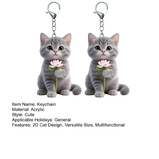 2Pcs Keychain 2D Cat Design Acrylic Charm Key Chain Backpacks Handbags Cars Decorative Pendant Accessories
