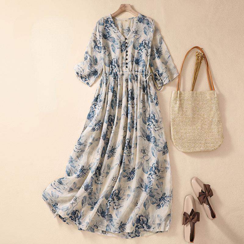 

Летнее литературное свободное платье из хлопка и льна с цветочным принтом и v-образным вырезом и рукавами 3/4 для женщин
