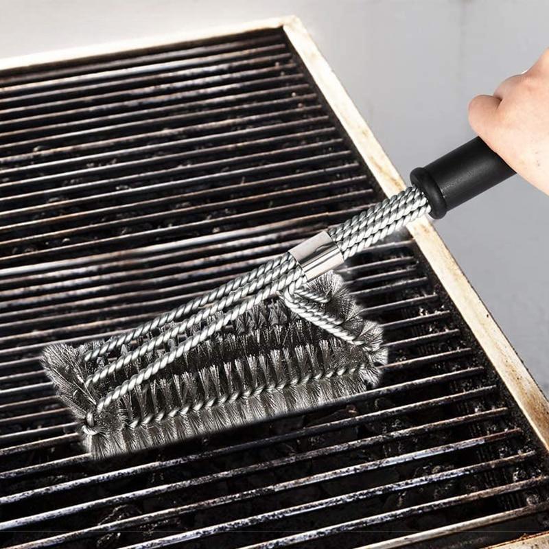 Griglia per barbecue Spazzola per barbecue in acciaio inossidabile Setole metalliche Spazzole per pulizia antiaderenti con manico Rimuovi macchie Accessori per barbecue