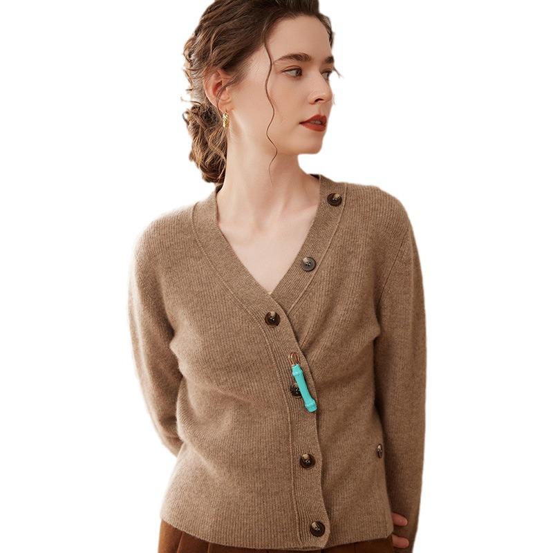 Women's V-Neck Cashmere Cardigan - Loose Long Sleeve Knit with Button Design Inspired by Ejiā