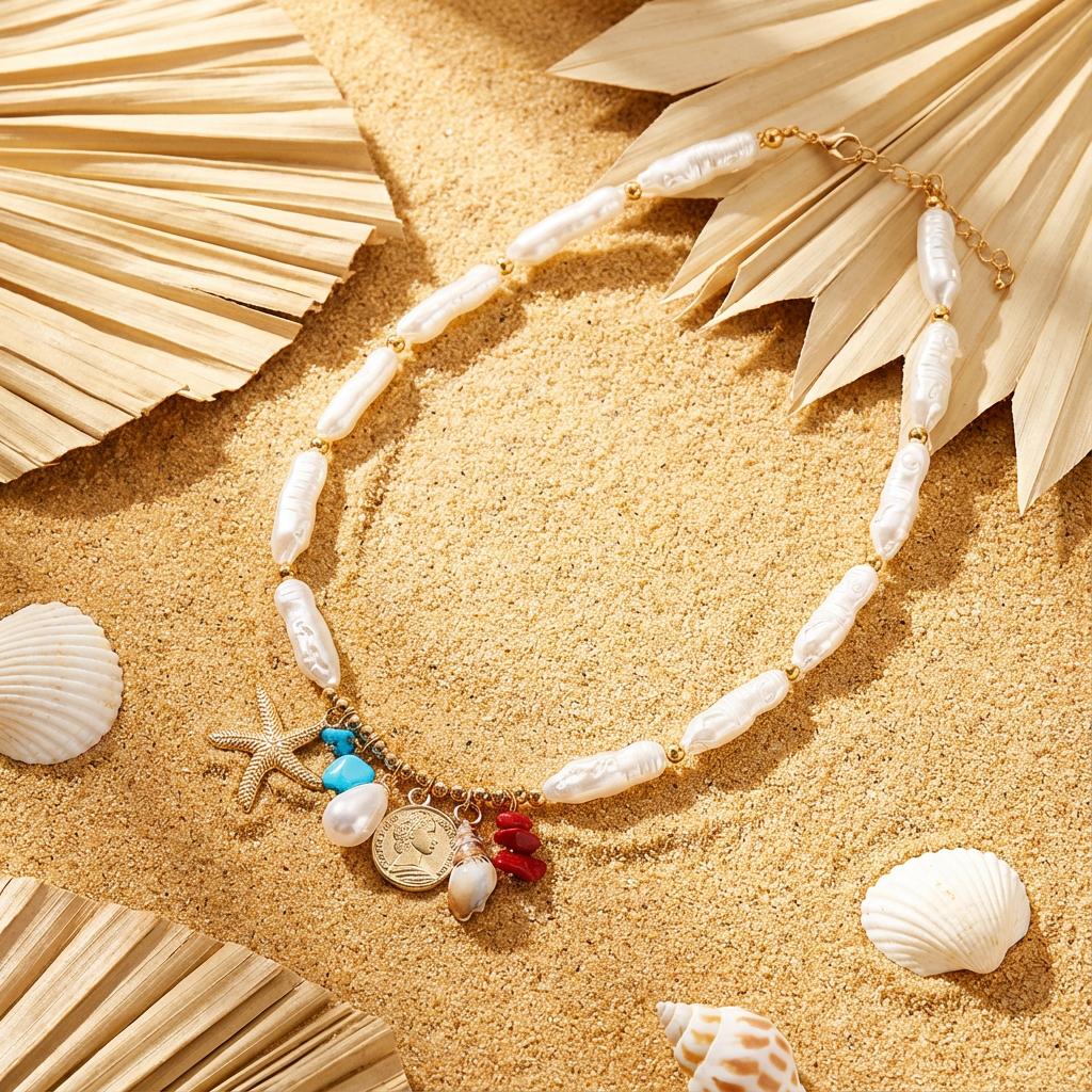 Boho Imitation Pearl Choker Necklace With Starfish Conch Coin Pendant For Women Summer Beach Jewelry