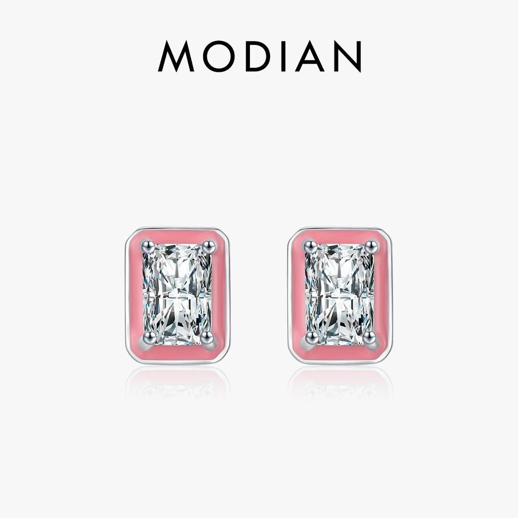 Modian 925 Sterling Silver Rectangle Enamel Fashion Stud Earrings Sparkling Zirconia Earrings for Women Wedding Fine Jewelry