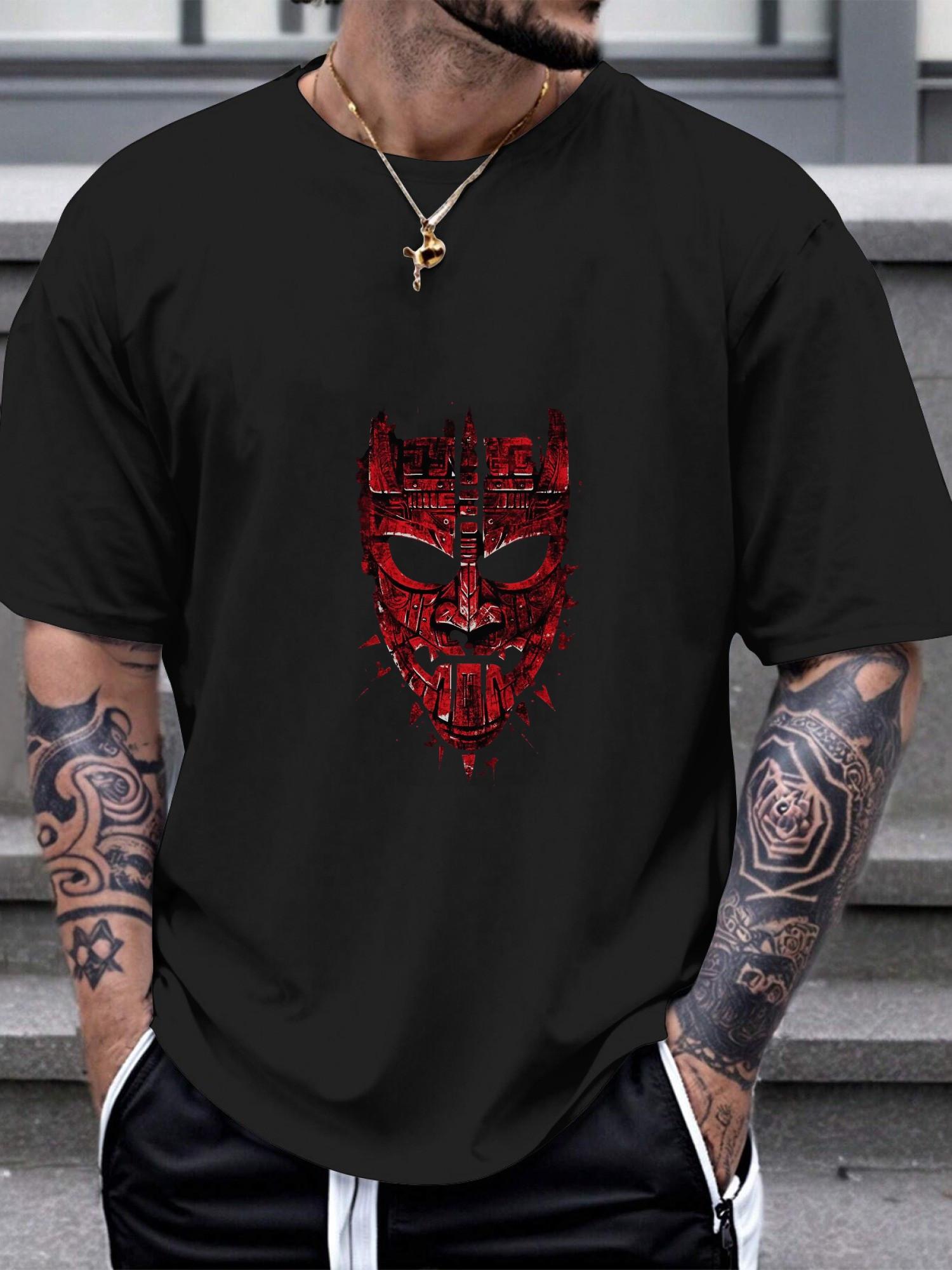 1pc Tribal Mask Graphic T-shirt - Bold White Distressed Print on Black 180g Cotton Crew Neck Short Sleeve L