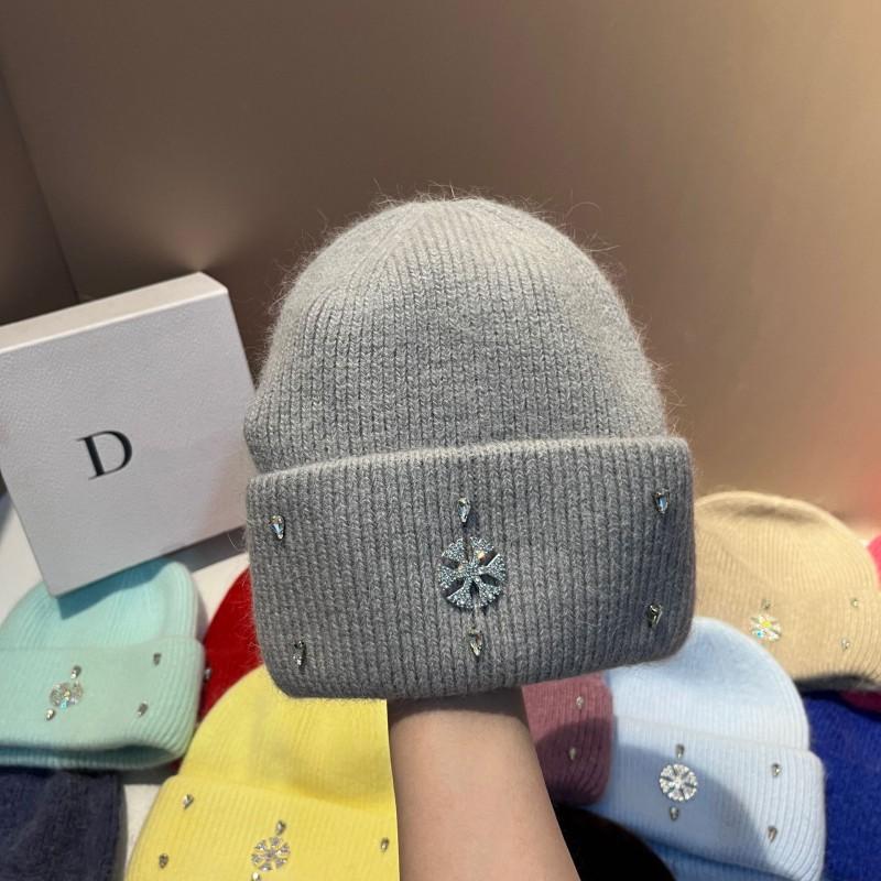 Winter Warm Knit Hat Rabbit Fur Faux Snowflake Rhinestone Earflap Beanie Fashionable Soft