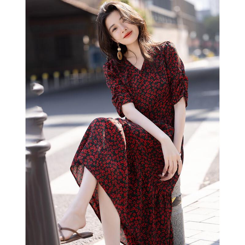 Demana French Style Printed Chiffon V-neck Dress