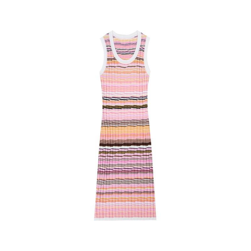 MISSON Nanyou Premium Spring and Summer Elegant Lady Crew Neck Sleeveless Striped Tencel Cotton Medium and Long Knitted Dress S