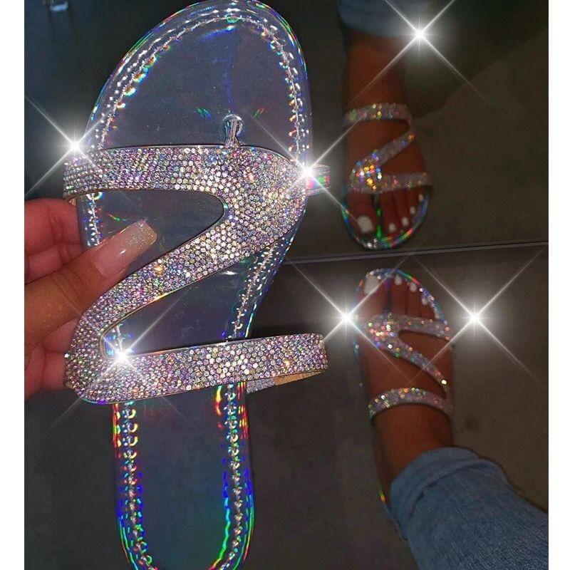 Wish large size rhinestone toe flat bottom cool slippers women's 20 summer new outer slippers