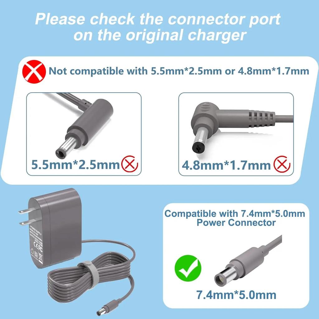 24.35V 348mA Replacement Charger 7.4*5.0mm Port for Dyson DC30, DC31, DC34, DC35, DC44, DC56, and DC57 Cordless Vacuum