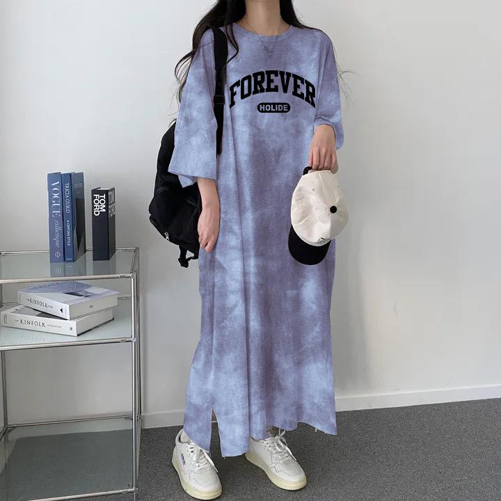 

Tie-Dye Plus Size Mid-Length Casual Dress - Japanese Korean Style, Short-Sleeved Summer Trendy T-Shirt Dress for Women Extra Large хакі