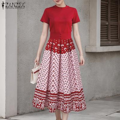 Womens Summer Casual Short Sleeve Patchwork Print Dress