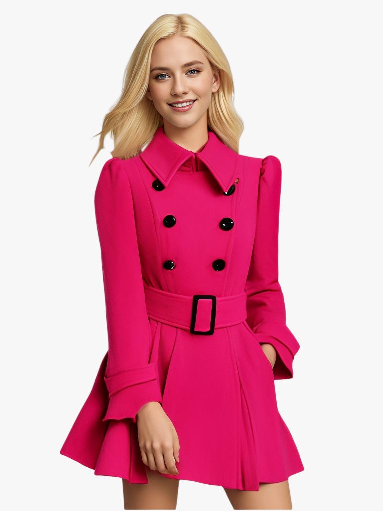 European and American Slim Fit Ruffle Wool Trench Coat with Belt Buckle - Women's Autumn and Winter Style