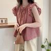 Black White Plaid Ruffled Sleeveless Blouse Round Neck Shirt Casual Daily Top For Women