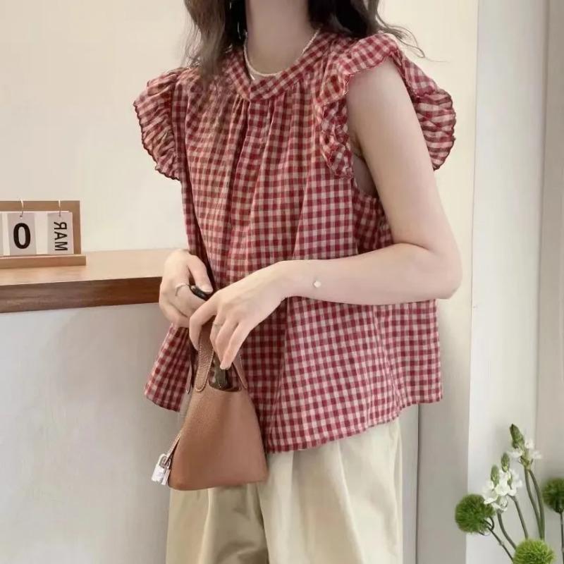 Black White Plaid Ruffled Sleeveless Blouse Round Neck Shirt Casual Daily Top For Women
