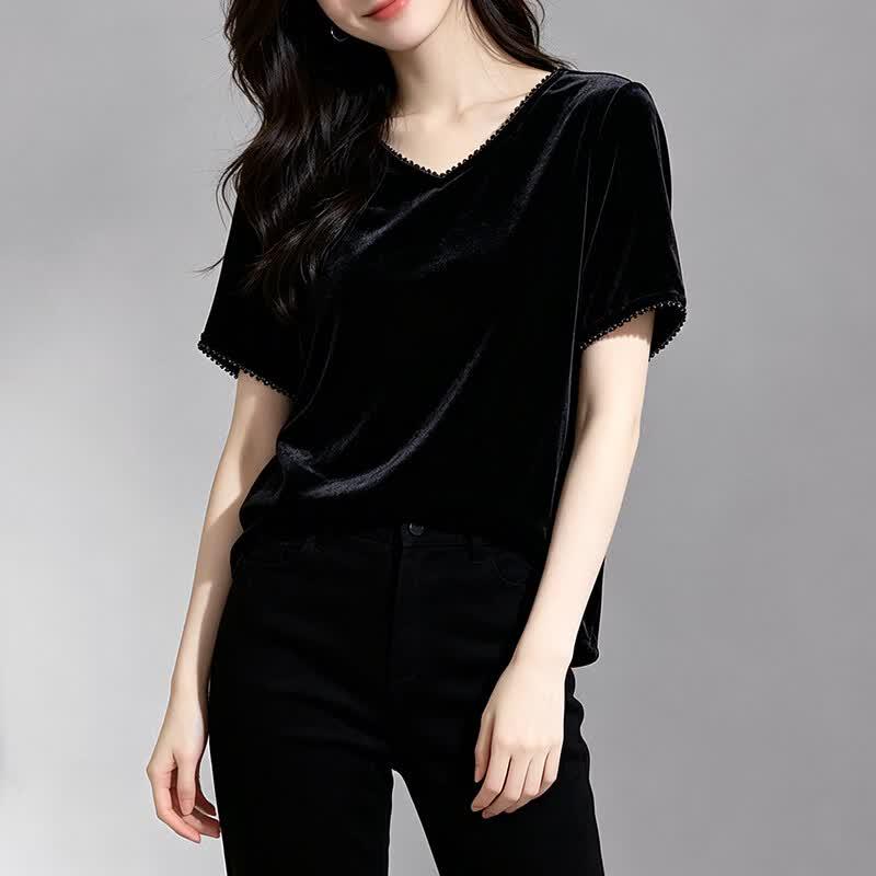 Damen Mulberry Seidenvelours V-Ausschnitt Kurzarm Top