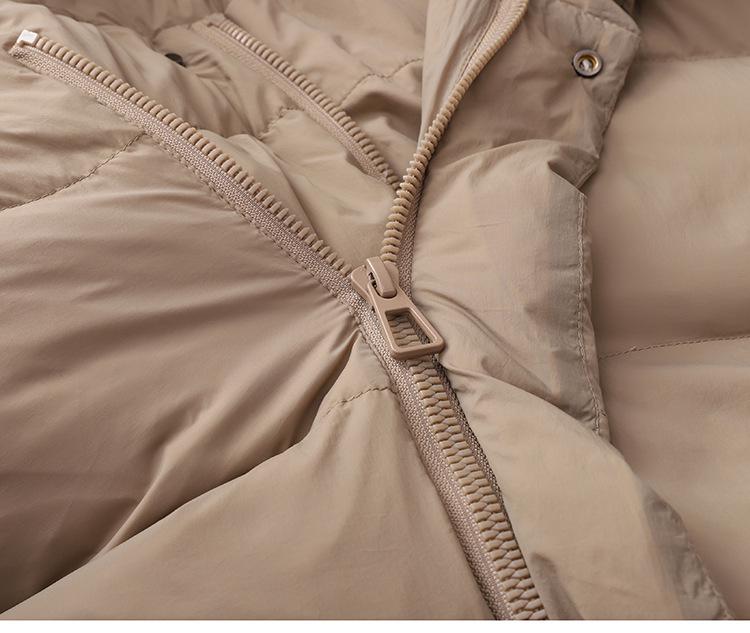 Women's 2023 Winter Hooded Duck Down Jacket with Oblique Placket, Mid-Length, Over-the-Knee, and Zipper.